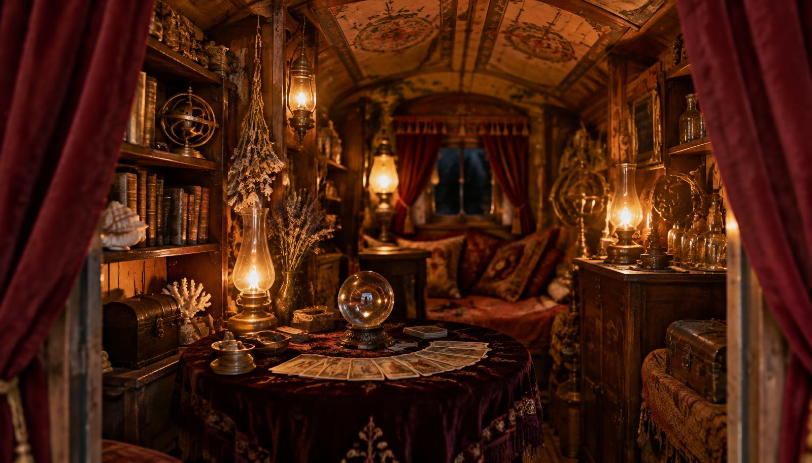 L'intérieur de la roulotte : rideaux de velours, lampes, boule de cristal et cartes sur la table